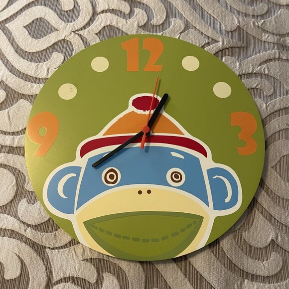 Monkeez Sock Monkey Nursery Child Bedroom Wall Clock Lime Green Blue EUC - Picture 1 of 3
